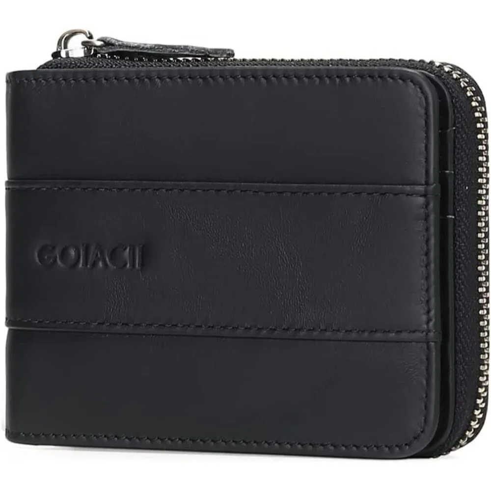 Men's B-Black Wallets Genuine Leather Front Around Zip Pocket Credit Card